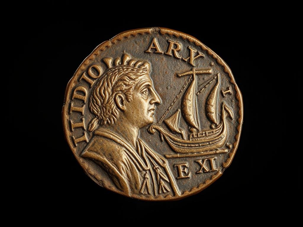 tails or heads - Ancient Roman coin showing head of emperor on one side and ship on reverse