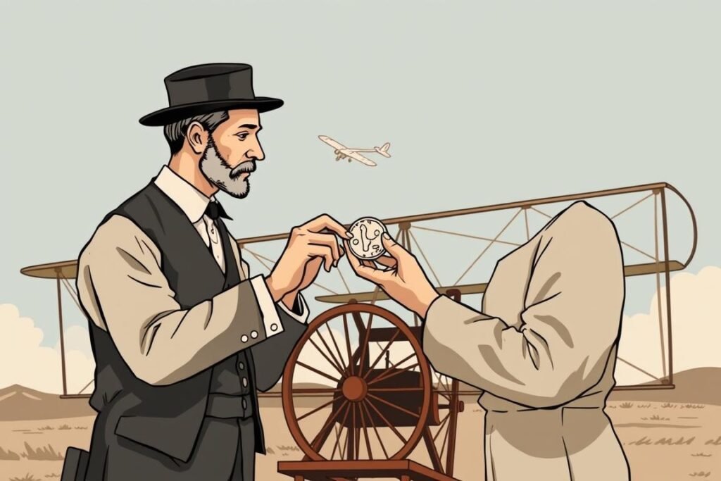 Illustration of Wright brothers flipping a coin before their historic flight
