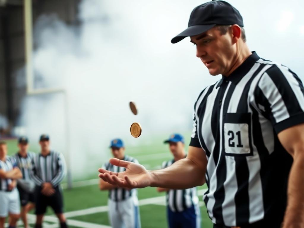 Modern coin toss at a sports event showing referee flipping a coin