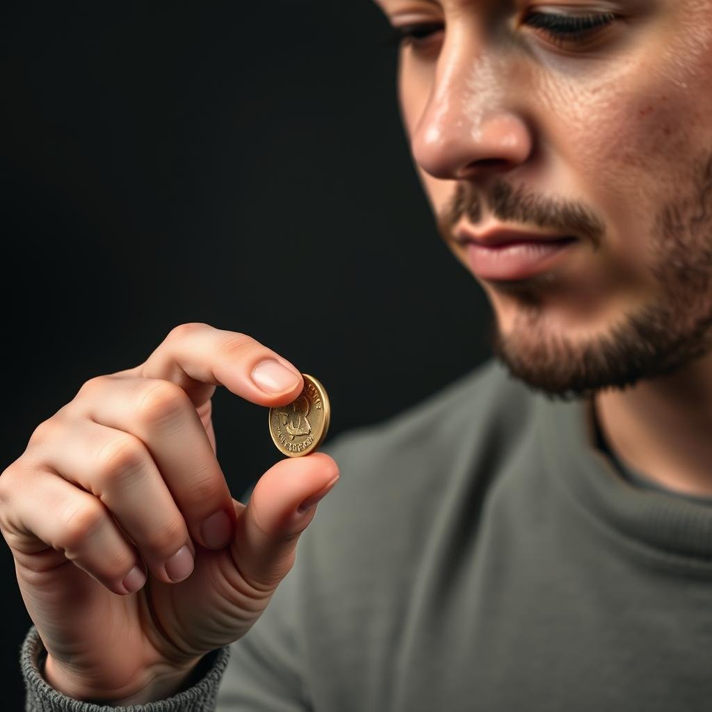 Person looking thoughtful while flipping a coin to make a decision