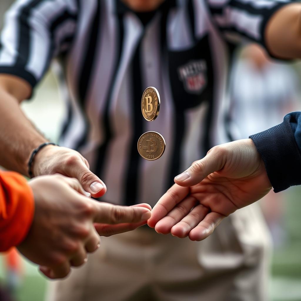 Sports referee flipping a coin before a match with team captains watching