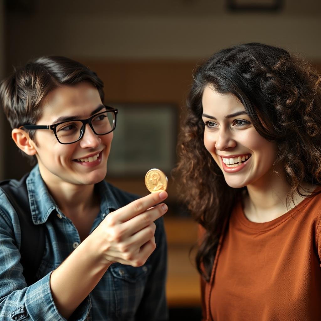 Two people using a coin toss to settle a friendly dispute